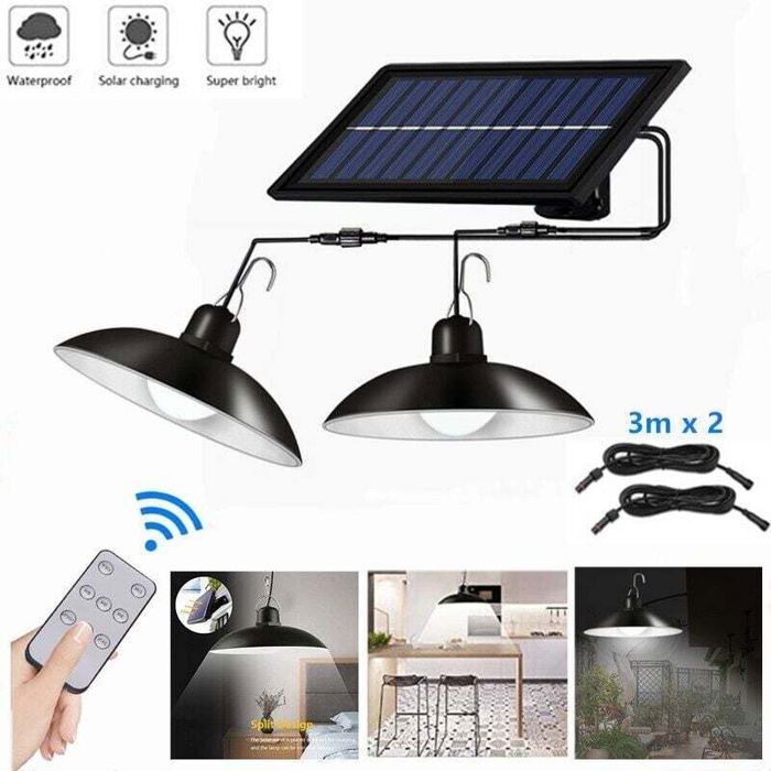 Lustre solaire avec télécommande - Virex® - Étanche IP65 - 2 têtes - Câble 3 m - Lumière blanche - 400 lm
