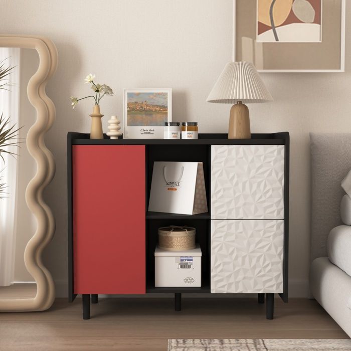 Buffet Sideboard 90 x 40 x 80 cm - 2 Tiroirs au Design Unique & 2 Niches Ouvertes - Style Scandinave Audacieux - Noir et Rouge