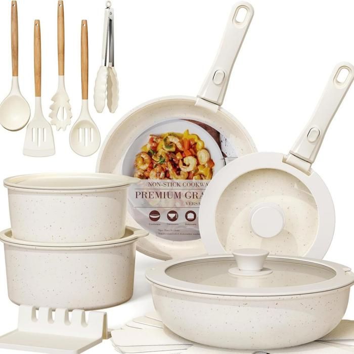 Batterie de Cuisine - Astercook - Ensemble de 21 casseroles et poêles en céramique antiadhésive avec poignées amovibles Blanc