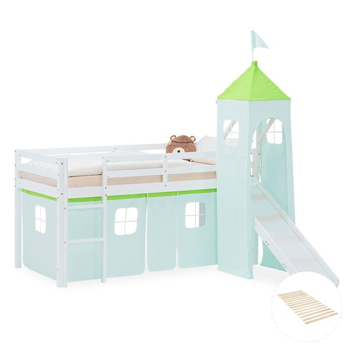 Lit mezzanine enfant 90x200 cm Blanc avec rideau Vert Toboggan Tour avec sommier