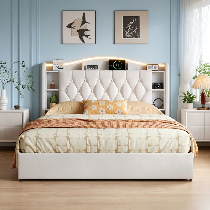 Lit coffre 140x190 cm avec sommier LED Lit 2 personnes avec tête de lit rangement Support recharge sans Fil 15W et USB Velours Beige