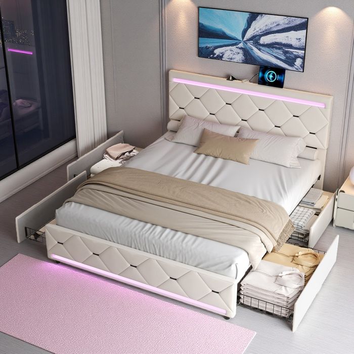 Lit Double 140x190 cm avec LED et USB Lit Capitonné avec 4 Tiroirs Lit Adulte Sommier à Lattes Design Moderne Beige Velours