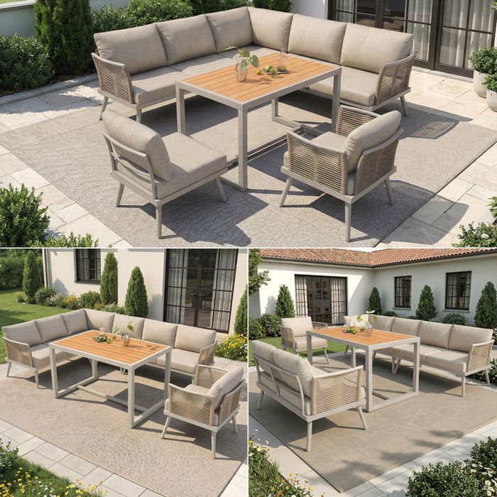 Mobilier de balcon ou de terrasse pour sept personnes canapé de jardin en forme de L avec table basse et fauteuil en bois beige Mobilier de balcon ou de terrasse pour sept personnes canapé de jardin en forme de L avec table basse et fauteuil en bois beige
