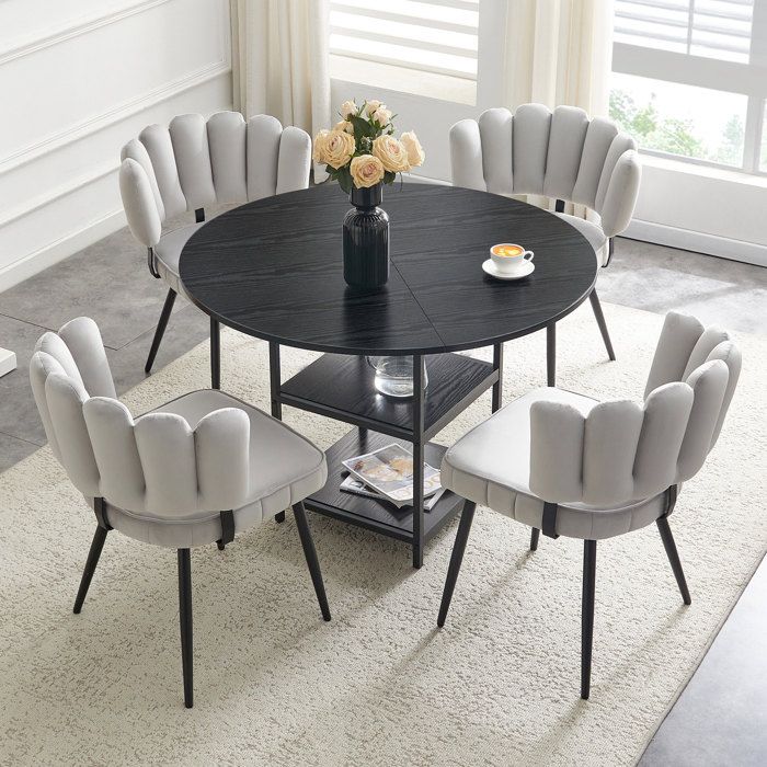 Ensemble de table à manger 4 personnes 1 table ronde 107 cm et 4 chaises MDF métal noir gris clair