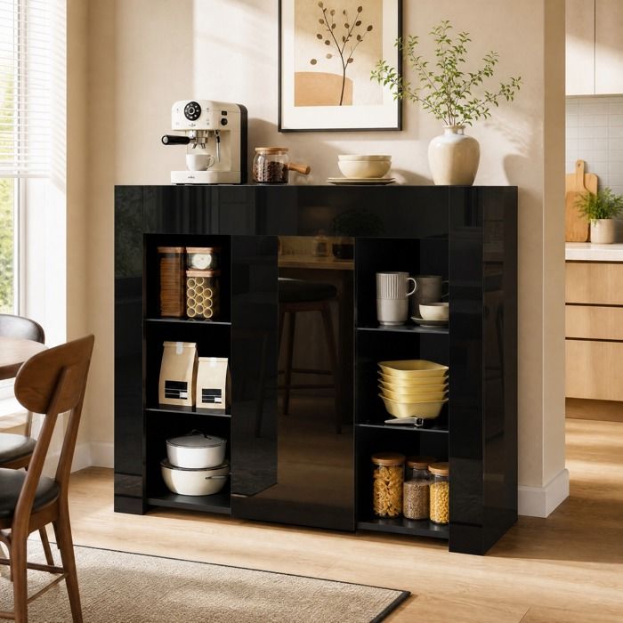 Buffet bas avec étagères en verre et porte - ELVMI - Noir Brillant en Panneaux de particules 95 × 35 × 83 cm
