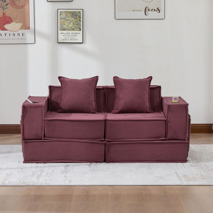 Bladez - Canapé convertible 2 places compressé en velours côtelé avec rangements et porte-gobelets idéal coin détente - Rouge