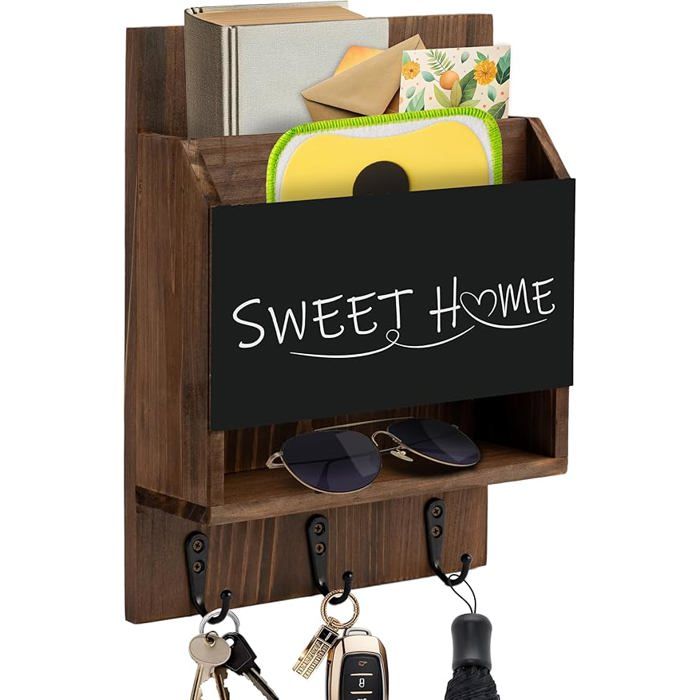 Porte-clés mural en bois avec étagère et 6 crochets pour clés organiseur de courrier pour couloir entrée bureau PORTE-MANTEAU
