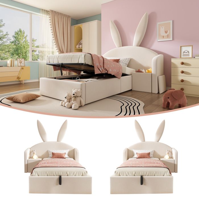 Lit enfant avec tiroir - 90x200 cm - Tiroir hydraulique - Rembourré velours - Beige - Oreilles de lapin
