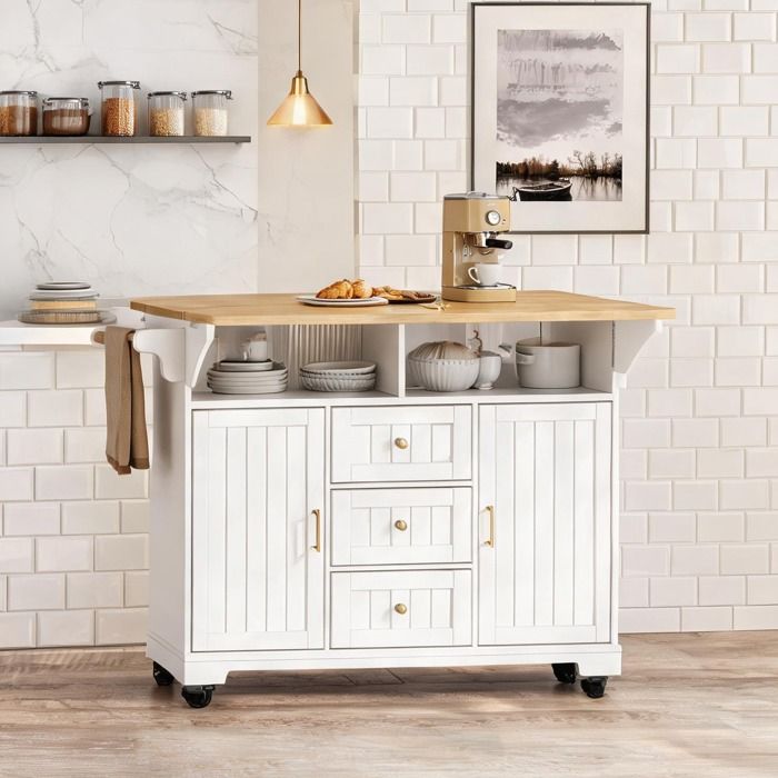 Îlot central de cuisine extensible 120x80x95 cm en MDF et métal blanc et bois