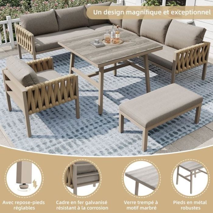 Salon extérieur en corde tressée configuration dangle 6 personnes fer galvanisé table verre et pieds modulables en hauteur
