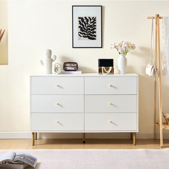 Commode 6 tiroirs 120x40x78 cm en MDF blanc poignées en alliage de zinc pieds en acier moderne grand rangement Commode 6 tiroirs 120x40x78 cm en MDF blanc poignées en alliage de zinc pieds en acier moderne grand rangement