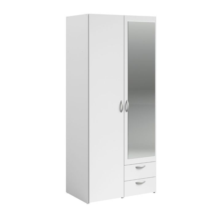 Armoire 2 portes 2 tiroirs blanche avec miroir - AMAEL Armoire 2 portes 2 tiroirs blanche avec miroir - AMAEL