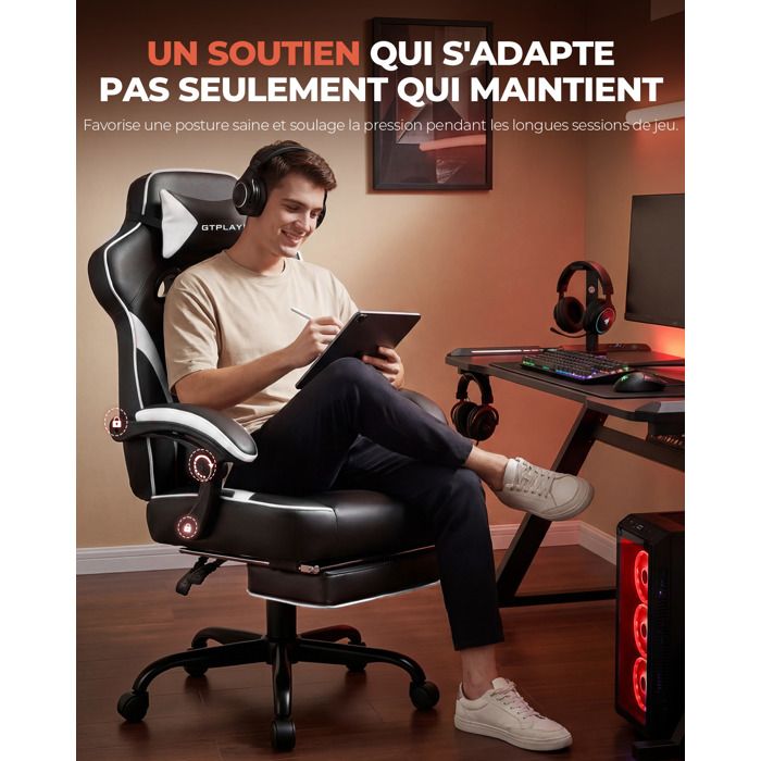 Chaise Gaming Ergonomique Repose Pieds Support Lombaire Appui Tête Réglables 180kg Inclinaison 155° - vue 3