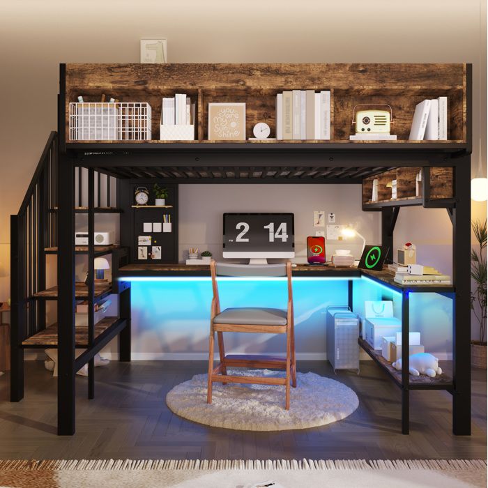 Lit mezzanine 140x200 cm noir et brun vintage avec bureau d’angle rangements LED prises USB et Type-C