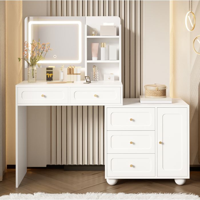 Coiffeuse blanche 80 x 39 8 x 127 cm avec miroir LED 3 modes 5 tiroirs 1 porte et 3 étagères