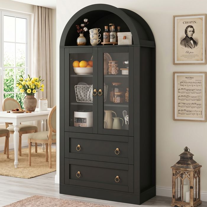 Vaisselier Cintré Noir avec Portes Vitrées Buffet Haut en Arche Vitrine de Cuisine et Salon 80x36x170cm Vaisselier Cintré Noir avec Portes Vitrées Buffet Haut en Arche Vitrine de Cuisine et Salon 80x36x170cm