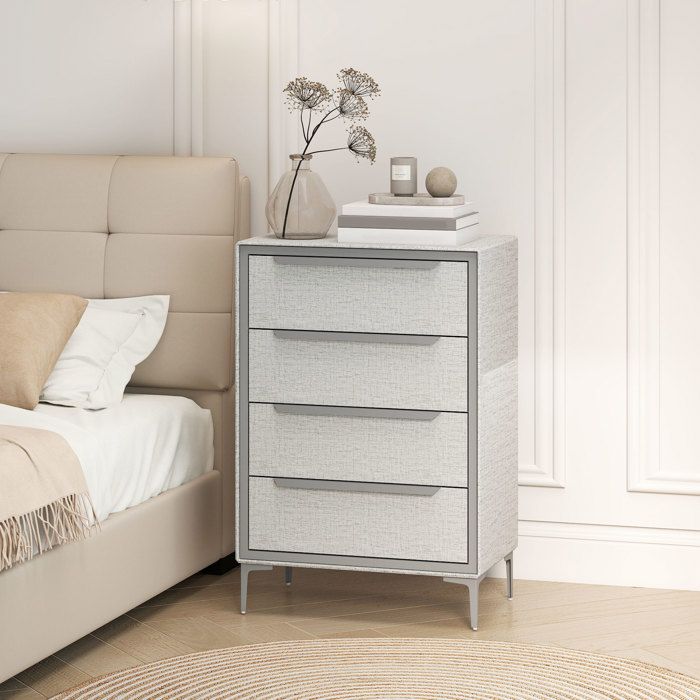 Commode 4 tiroirs en acier avec revêtement tissu effet lin 60 x 36 x 88 cm gris