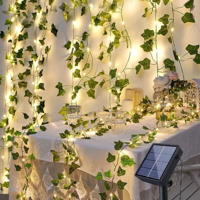 Guirlande Solaire 100 LED Étanche 10m - 8 Modes Lierre Artificiel Blanc Chaud