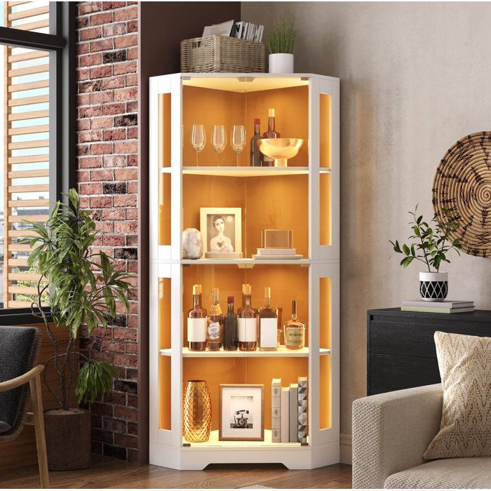 Colonne de Cuisine avec Vitrine LED RGB et 4 Portes Vitrées - LPOSPI - Push to Open MDF et Verre Blanc