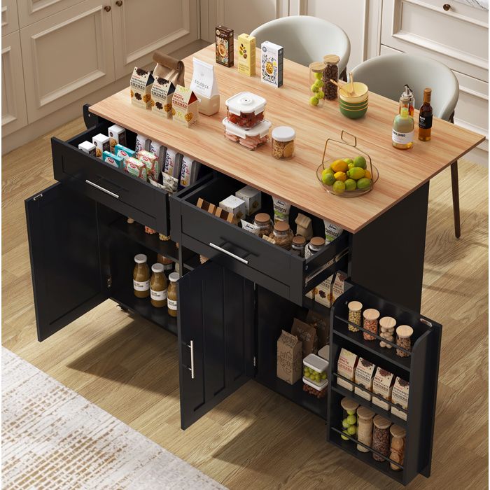 Desserte de cuisine avec 2 tiroirs 3 portes plateau rabattable et roulettes pieds en bois - 129×46×915 cm