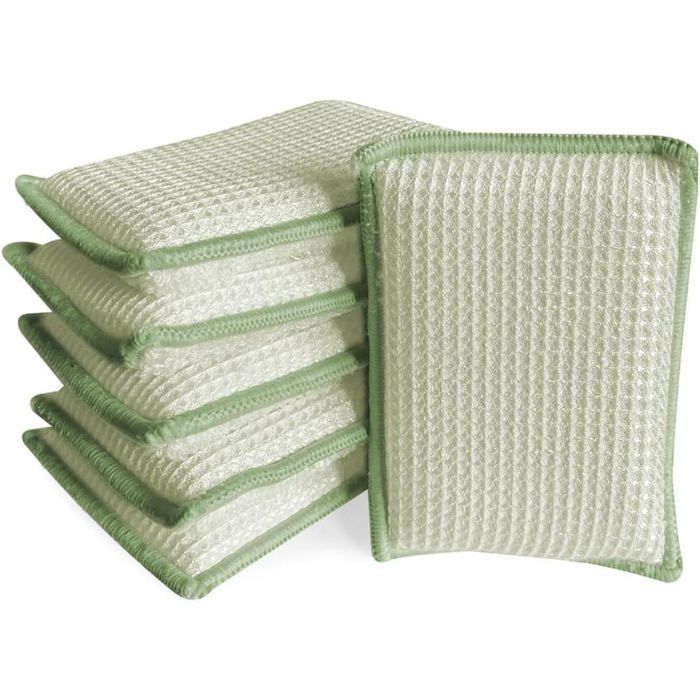 Lot de 6 éponges absorbantes en bambou naturel lavables antibactériennes microfibre non odorantes. Idéales pour nettoyer - Vert