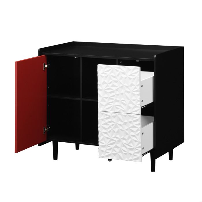 Buffet de cuisine - meuble de rangement noir et rouge en MDF - 2 tiroirs 1 porte 2 niches ouvertes
