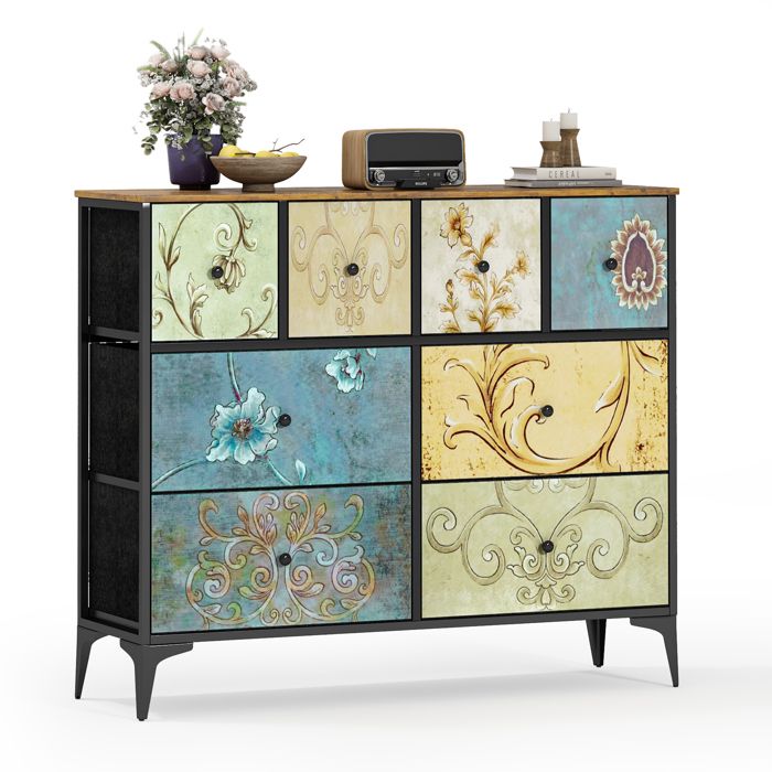 Commode 8 Tiroirs en Tissu avec Motif Rétro 3 Niveaux Structure Acier Meuble TV pour Chambre/Salon