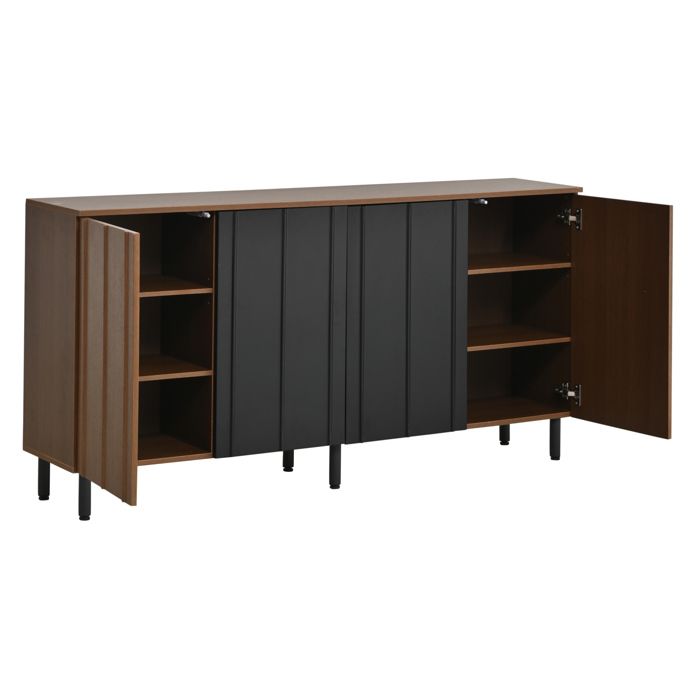 ELVORIN Buffet de cuisine 160 x 35 x 80 cm 4 portes effet noyer et noir étagères intérieures réglables pieds métalliques 80 kg