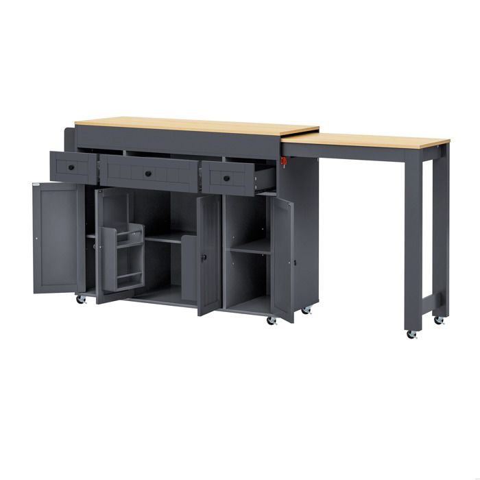 Îlot central de cuisine à roulettes – Gris – Plan de travail extensible 3 tiroirs range-épices