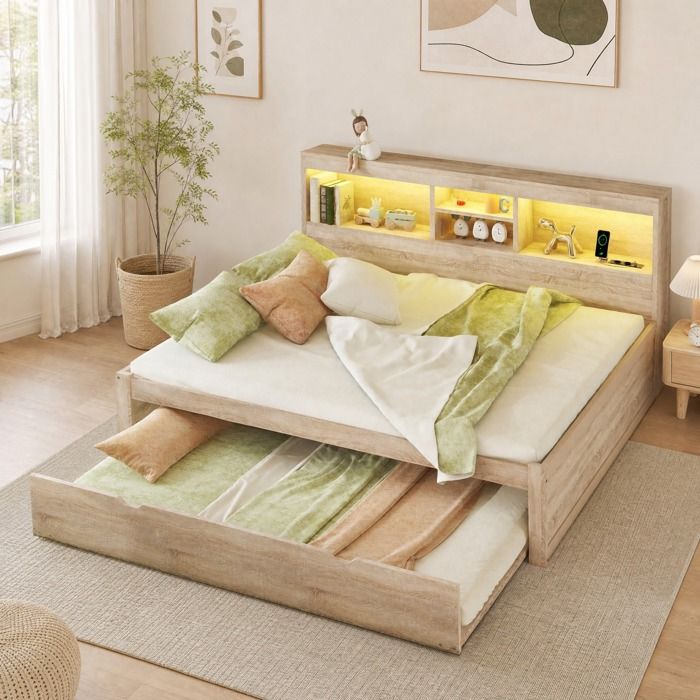 Lit combiné - ZEVKOR - Double 140×200 cm - LED intégrée - Rangement latéral - Sans matelas