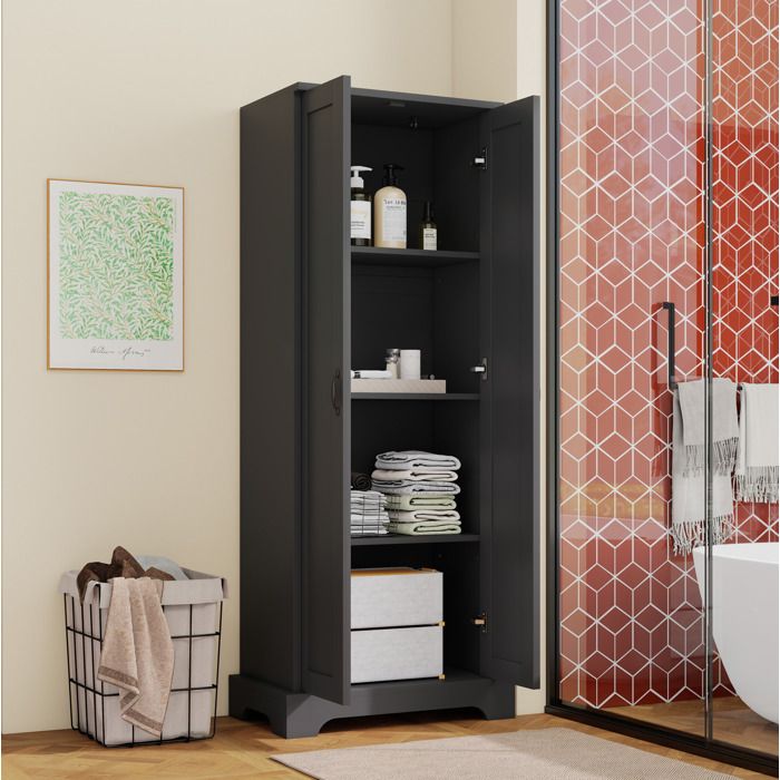 Colonne de salle de bain haute 2 portes 4 compartiments étagères réglables fermeture douce - MODENVIE - laqué noir 56×40×170 cm