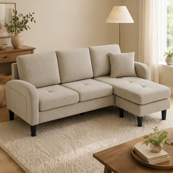 Canapé dangle 3 places - ZEVKOR - Modulable réversible - Velours côtelé gris brun - Chaise longue réversible - Pieds plastique