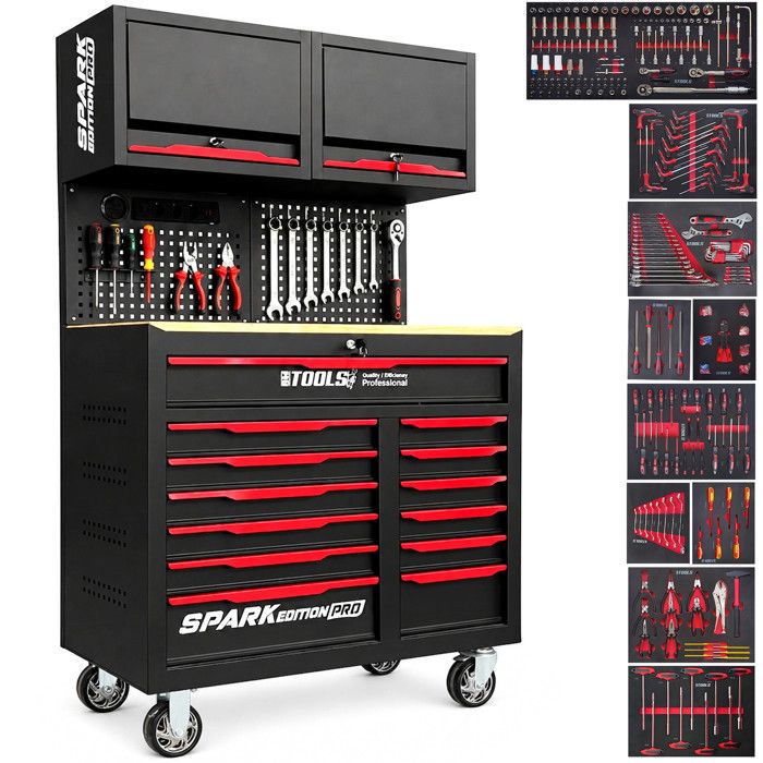 Etabli Servante dAtelier Garage BM TOOLS SPARK EDITION PRO 13 Tiroirs 471 PCS 2 étagères Verrouillable Chariot Outillés