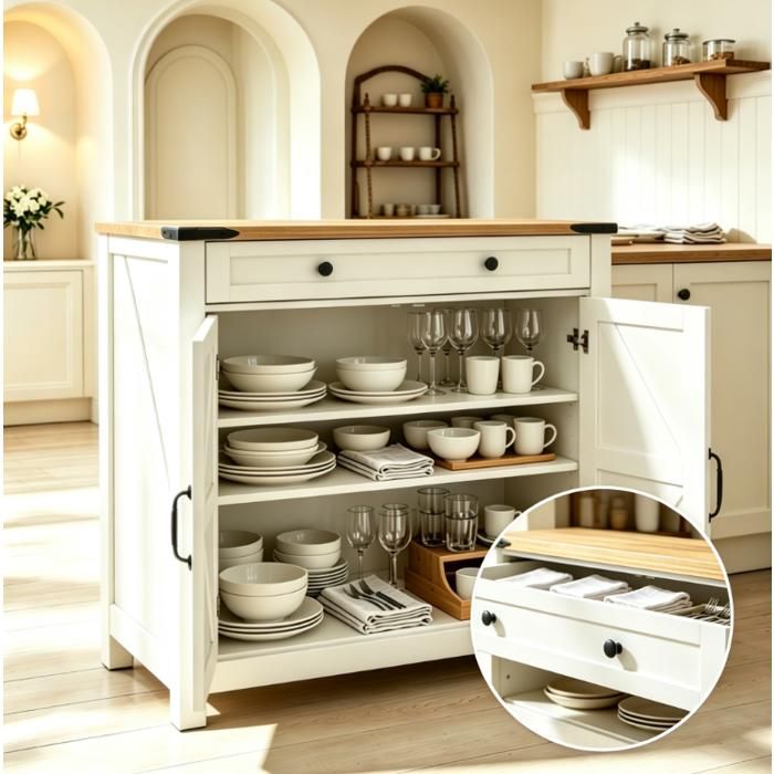 Buffet de cuisine 76x30x83cm- Meuble de rangement Anti - inclinaison - Tiroir porte grange poignées - étagère réglable - MDF - Blanc