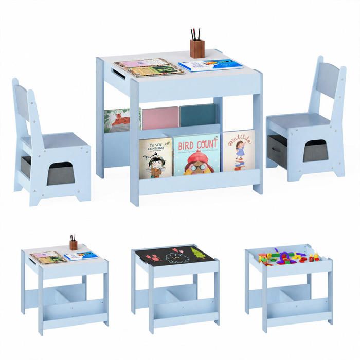 Enfants table dactivité facile à organiser avec 2 chaises plateau double face et étagères bleue