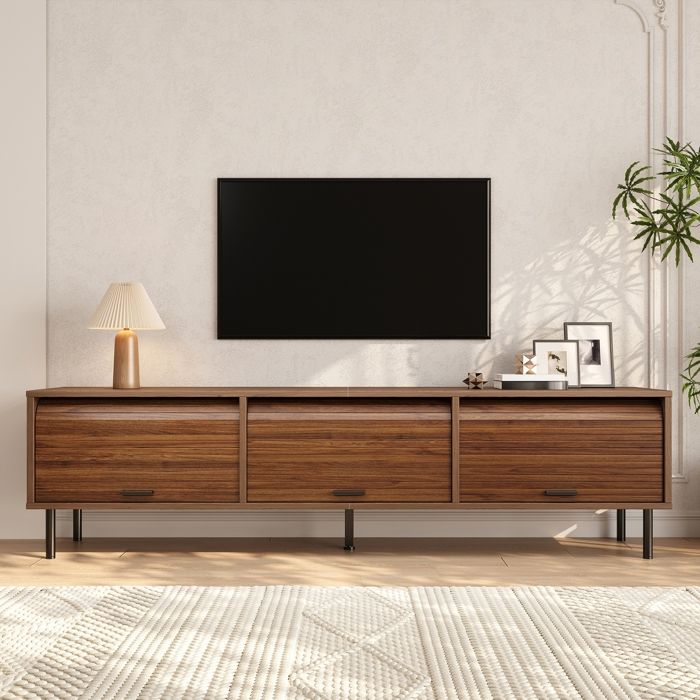Meuble TV 3 Portes Coulissantes Hautes 3 Compartiments Banc TV Rainuré en MDF et Panneaux de Particules Salon 180x40x55 cm Noyer