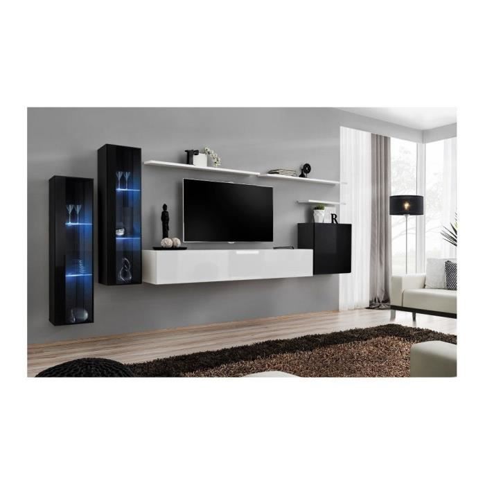 meubles tv - ensemble mural - switch xi - 2 vitrines led noires + banc tv blanc + 1 vitrine carrée noire + 3 étagères blanches blanc