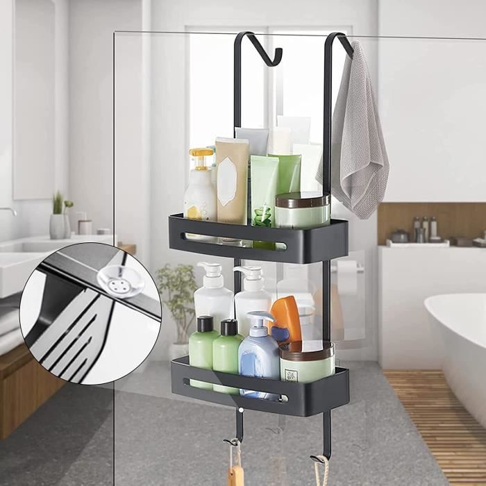 Étagère De Douche Adhésive - 3 Pièces - Acier Inoxydable - Sans Perçage - Avec Crochets - Noir