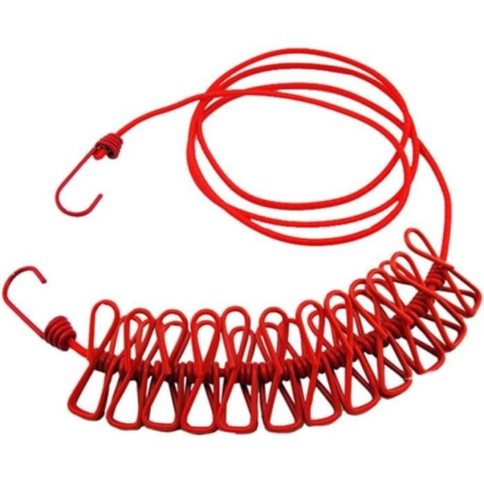Corde à Linge Portable Extensible 4 Mètres Avec 12 Pinces – Antivent Pour Camping, Voyage, Balcon – Rouge