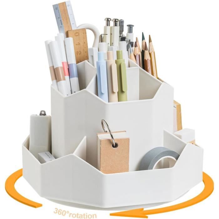 Pot a Crayon Bureau - Pot à crayon - Rotation à 360 Degrés Avec 9 Compartiments - Organisateur De Bureau Rotatif- Blanc