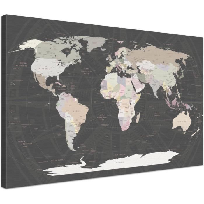 Tableau Liège Mural Carte Du Monde 70x50cm - Cadre Bois Paulownia - Avec Punaises - Déco Et Organisation