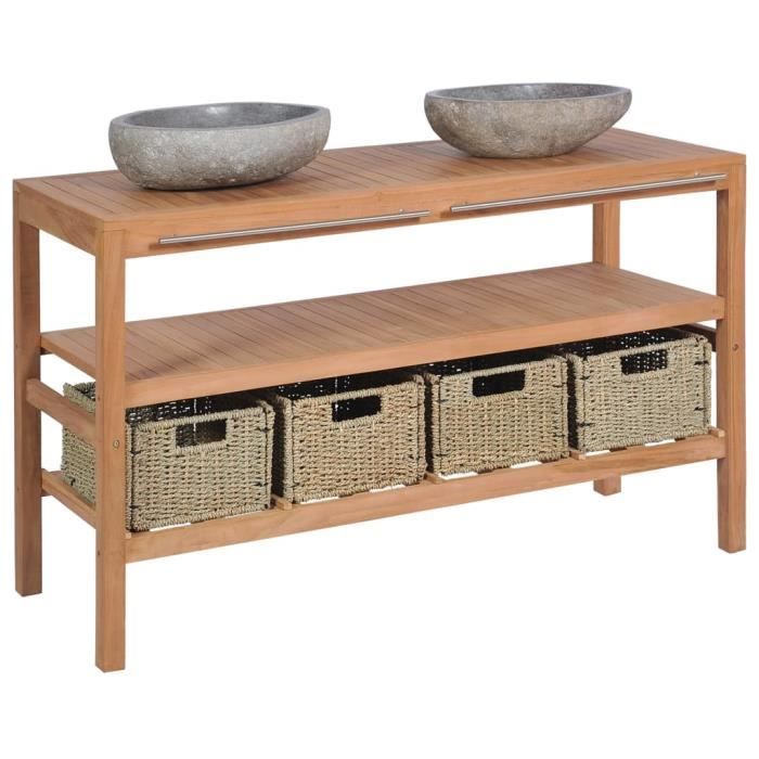 Armoire de toilette Teck solide et lavabos en pierre de rivièreQIM