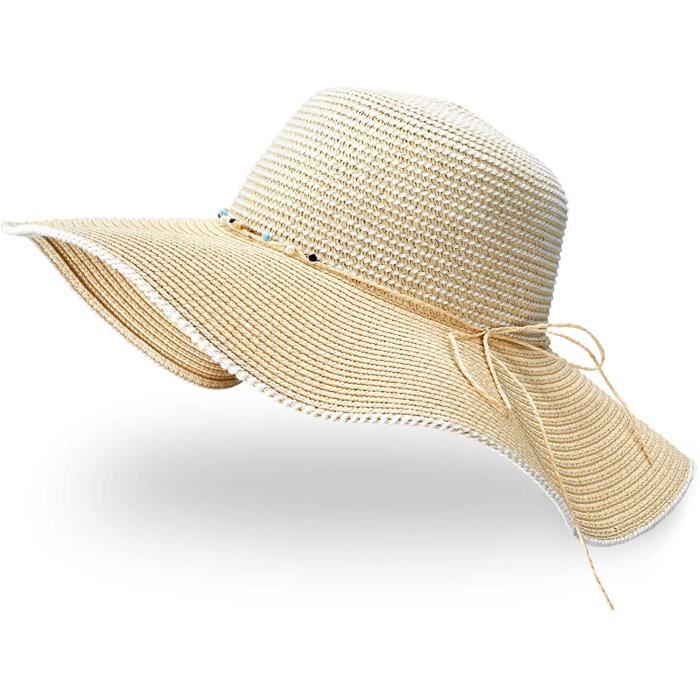 Chapeau de Paille Femme, Chapeau de Soleil Été Chapeau de Plage Pliable  Anti-UV avec Large Bord et Mentonnière Réglable pour V[18] - Cdiscount  Prêt-à-Porter