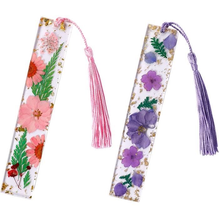 Lot De 2 Marque-pages En Résine Avec Fleurs Pressées - Porte-livre Et Marque-page à Pompon - Rose