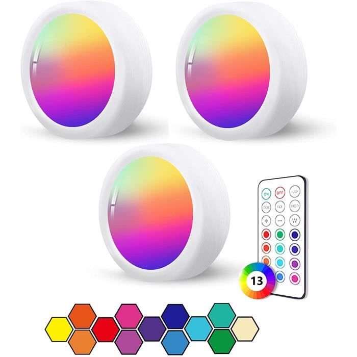 ECLAIRAGE DE MEUBLE Spot RGB Led a Pile Sans Fil Autocollant 3 Pièces Dimmable Lampe Placard Led avec Telecommande Eclairage Etag