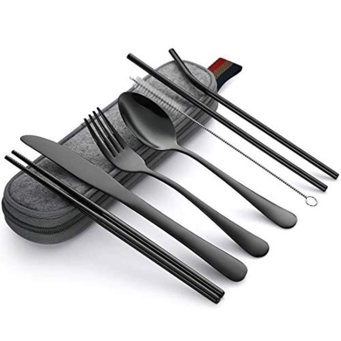 Set De 3 Couverts De Voyage - Cuillère, Fourchette, Couteau Et Ouvre-bouteille, étui Inclus