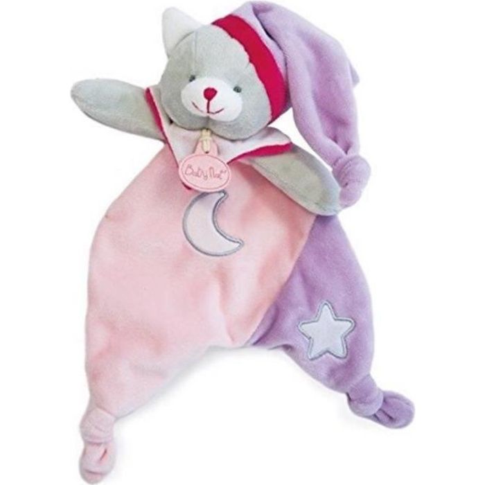 Babynat Doudou Chat semi plat luminescent rose, violet, rouge bonnet lune étoile nœuds 25 cm bébé fille