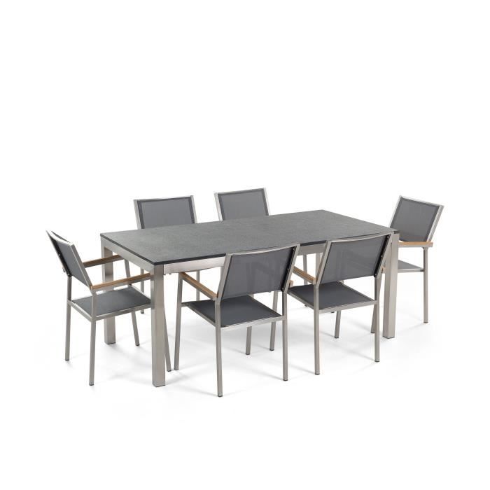 Beliani - Table de jardin plateau granit noir flambé 180 cm 6 chaises textile gris GROSSETO