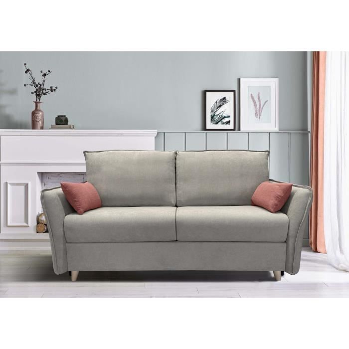 Canapé Convertible 3 Places Taupe Avec Rangements Et Matelas 3cm – Cuir Beige (Sans Marque)
