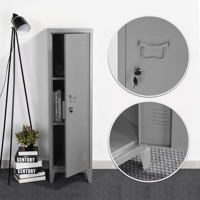 FurnitureR Armoire à Casiers en Métal Rangement Verrouillable Porte avec Serrure 3 Compartiments Intérieurs Dimensions GRIS